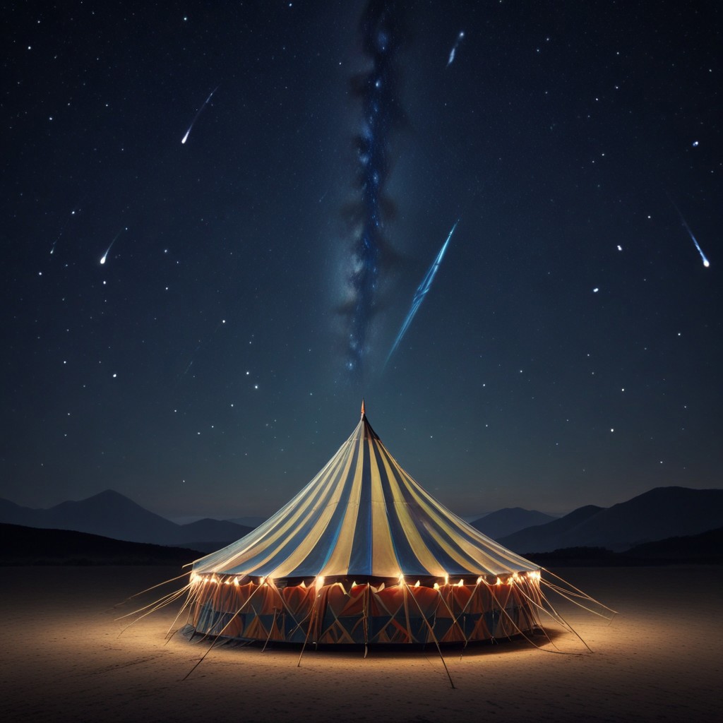 A circus tent photo, view of stars and swirling galaxies and light trails in the background gives a dreamy feel to this moment. BREAK, glow circuit patterns, style of Light painting