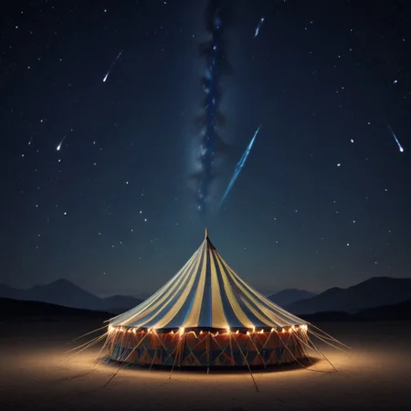 A circus tent photo, view of stars and swirling galaxies and light trails in the background gives a dreamy feel to this moment. BREAK, glow circuit patterns, style of Light painting