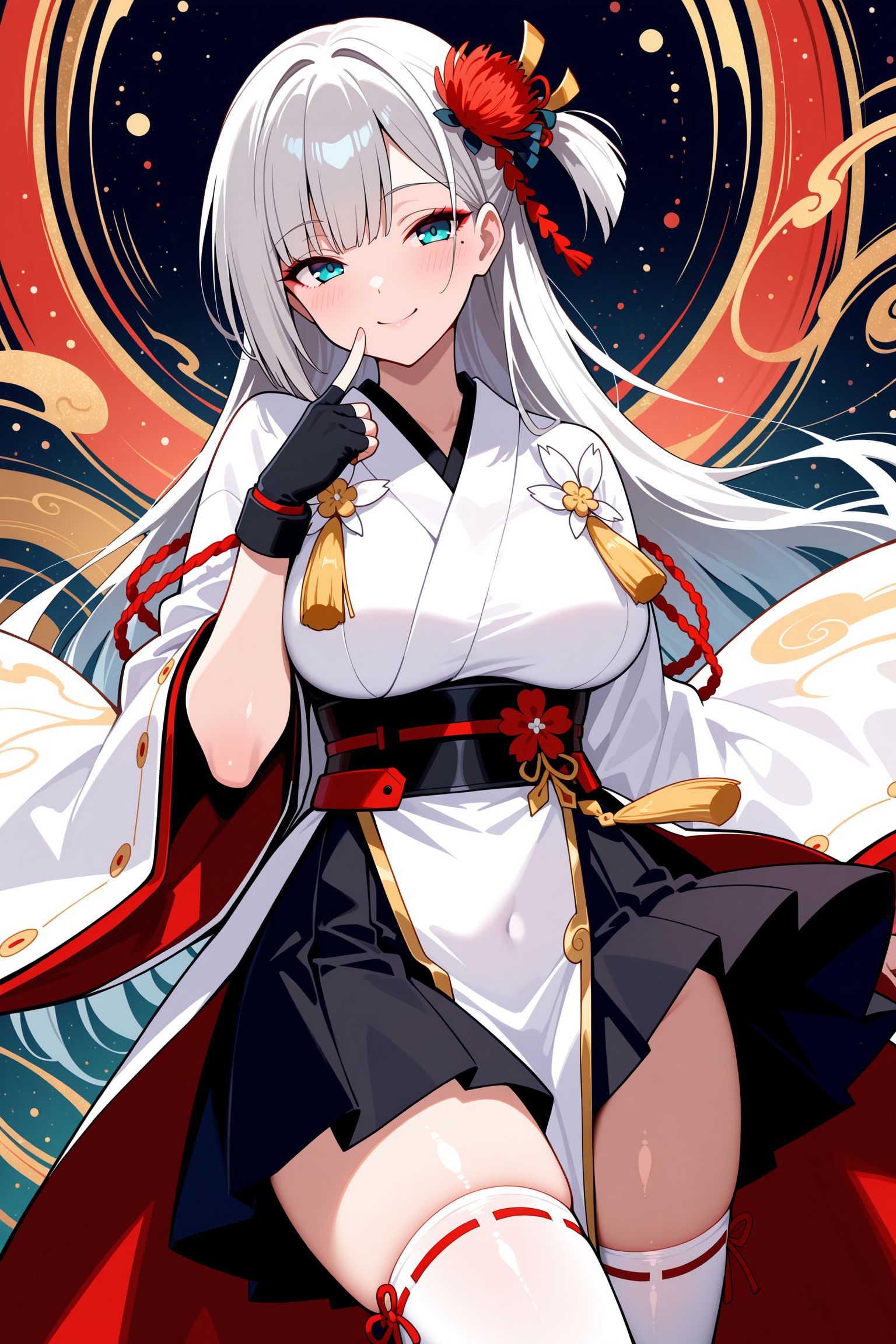 masterpiece, best quality, anime, 2d, 1girl, aqua eyes, red eyeshadow, mole under eye, grey hair, one side up, red hair flower, white kimono, tassels, wide sleeves, black wristband, fingerless gloves, obi, black pleated skirt under curtain, black skirt, white pelvic curtain, long pelvic curtains,  ribbon-trimmed thighhighs, okobo, <lora:ShoukakuNBCAMEq4+1v1 AL:1>, abstract, absurdres, incredibly absurdres, establish, facing viewer, cowboy shot, shiny skin, abstract background, mature female, naughty face