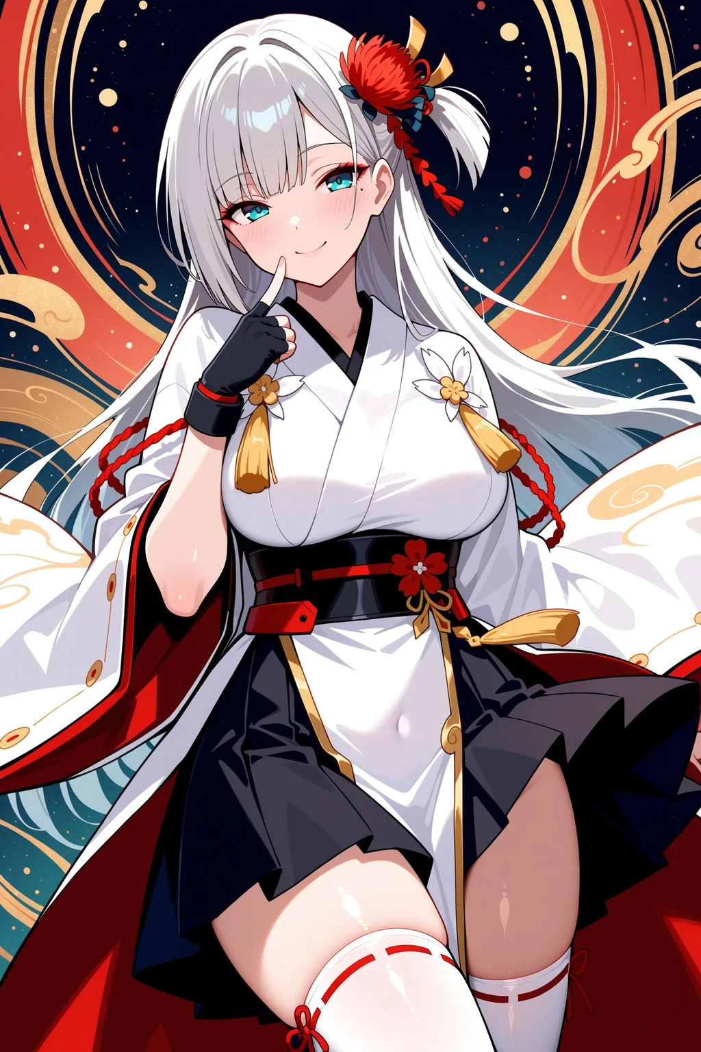 masterpiece, best quality, anime, 2d, 1girl, aqua eyes, red eyeshadow, mole under eye, grey hair, one side up, red hair flower, white kimono, tassels, wide sleeves, black wristband, fingerless gloves, obi, black pleated skirt under curtain, black skirt, white pelvic curtain, long pelvic curtains, ribbon-trimmed thighhighs, okobo, <lora:ShoukakuNBCAMEq4+1v1 AL:1>, abstract, absurdres, incredibly absurdres, establish, facing viewer, cowboy shot, shiny skin, abstract background, mature female, naughty face
