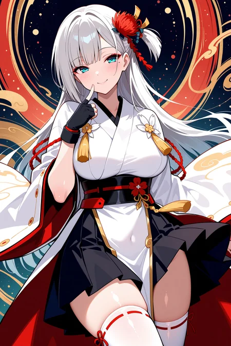 masterpiece, best quality, anime, 2d, 1girl, aqua eyes, red eyeshadow, mole under eye, grey hair, one side up, red hair flower, white kimono, tassels, wide sleeves, black wristband, fingerless gloves, obi, black pleated skirt under curtain, black skirt, white pelvic curtain, long pelvic curtains,  ribbon-trimmed thighhighs, okobo, <lora:ShoukakuNBCAMEq4+1v1 AL:1>, abstract, absurdres, incredibly absurdres, establish, facing viewer, cowboy shot, shiny skin, abstract background, mature female, naughty face