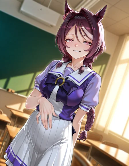 masterpiece, best quality, amazing quality, very aesthetic, high resolution, ultra-detailed, absurdres, newest, scenery,
1girl, solo, umamusume, sakura chitose o \(umamusume\), braided ponytail, symbol-shaped pupils,
tracen school uniform, short sleeves,
indoors, classroom,
cowboy shot, smug, looking at viewer, <lora:sakurachitoseoillv1:1>,, glowing, colorful, photorealistic, shiny_skin,dutch angle, <lora:arcain-2411:0.4>,, HDR,photo background,detailed eyes,detailed hands,detailed clothing,detailed shading,dim lighting,chiaroscuro,BREAK depth of field,masterpiece,best quality,amazing quality,very aesthetic,high resolution,ultra-detailed,absurdres,newest,scenery,volumetric lighting,