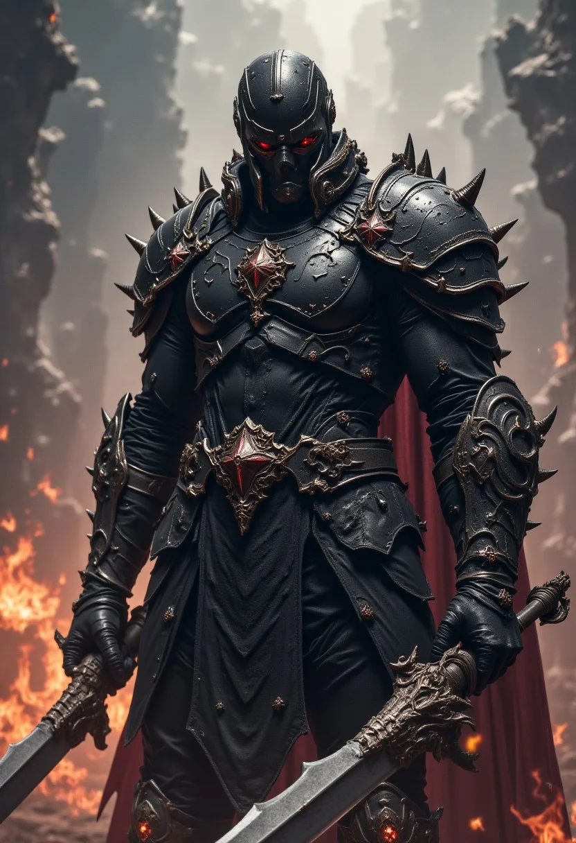 Spawn, medieval spawn, holding a giant sword, superheroe, armor, magic, cinematic, FredFraiStyle black armor, dark aura, spikes, spikes in shoulder pads, medieval battlefield background