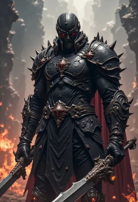 Spawn, medieval spawn, holding a giant sword, superheroe, armor, magic, cinematic, FredFraiStyle black armor, dark aura, spikes, spikes in shoulder pads, medieval battlefield background
