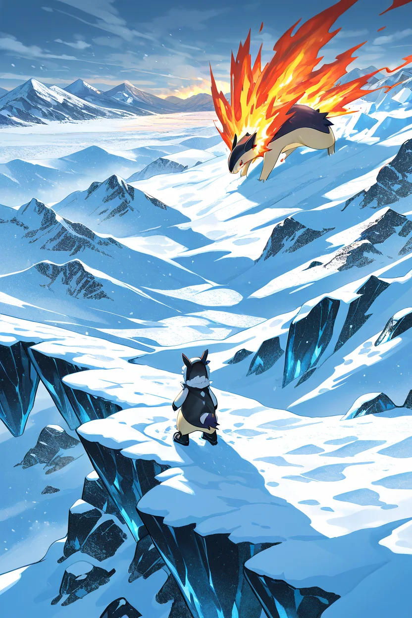 masterpiece, best quality, no humans, pokemon (creature), fire, <lora:TyphlosionPokedexIXL:1.0>, Arctic Expedition, zzTyphlosion in heavy winter gear, snow goggles, fur-lined hood, snow boots, frozen landscape, ice cave, snowstorm, mountain peak, icy wind
