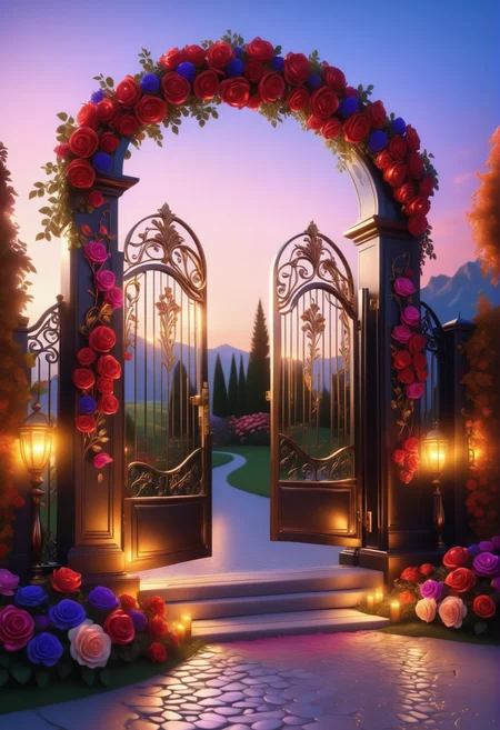 sunrise shines,landscape of a reij-ebsu gate <lora:ebony sunset-000001:1>, empty place, the gate surrounded by flowers is made of pam-flwr <lora:SDXL_FLOWER_STYLE:0.9>, a reij-mg outdoor room, neon light <lora:reij-moderngothic:0.8>, open gate made out of Jed-ANC <lora:ArtNouveauCopperStyle:0.9>, landscape of a (Twilight Plains of the Dusk Wanderers:1.3) , Level, Ultrarealistic, technology, neon-lit, cinematic, highly decorated, very, imposing, winning, ambient background