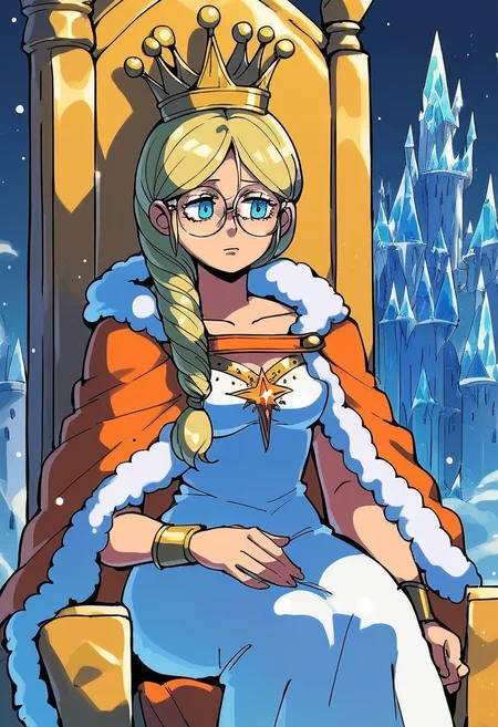 score_9, score_8_up, score_7_up, source_anime,
1girl, solo, queen_frysabel, fur trim, dress, glasses, jewelry, cape, crown, <lora:queen_frysabel:1>, sitting on throne, ice castle