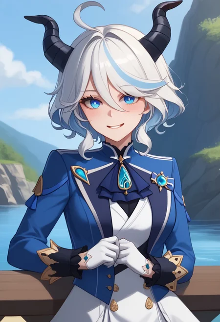 score_9, score_8_up, score_7_up, BREAK MiavtSDXL,  sfrieren 1girl, solo,  short hair, blue eyes, hair between eyes, medium breasts, ponytail,  (white hair), ((black horns)), pointy ears, goat horns, double pigtail, BREAK close up, from below BREAK outdoors, water, valley, smile BREAK highres, furina_\(genshin_impact\), open_mouth, blue_jacket, long_sleeves, simple_background, grabbing, blue_gloves, commentary_request, hair_intakes, looking_at_viewer, blush, solo, blue_bow, white_gloves, upper_body,  head_rest, crossed_legs, heterochromia