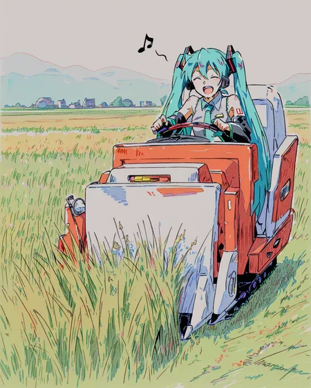 score_9, score_8_up, score_7_up, score_6_up, score_5_up, score_4_up, source_anime, screenshots, <lora:AnimeOriginalArtColorTrace_pdxl_ftlmex:0.8> color trace, white background, simple background
 <lora:combineharvester_Pony_v2:0.5> combine harvester, combine harvester,ground vehicle,motor vehicle,grass,outdoors,day,sky,driving,sitting,field, motion lines, motion blur, 1girl, hatsune miku, smile, looking up, closed eyes, open mouth, windy, musical note,