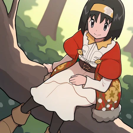 2d, masterpiece, best quality, amazing quality, highres, absurdres, newest, 1girl, solo, sitting, on branch, forest, nature, from above, dutch angle, looking at viewer, medium breasts, mature female, holerika, grey eyes, black hair, short hair, bangs, yellow hairband, white dress, collared dress, long dress, brown sash, long sleeves, red jacket, floral print, black pantyhose, ankle boots, brown footwear