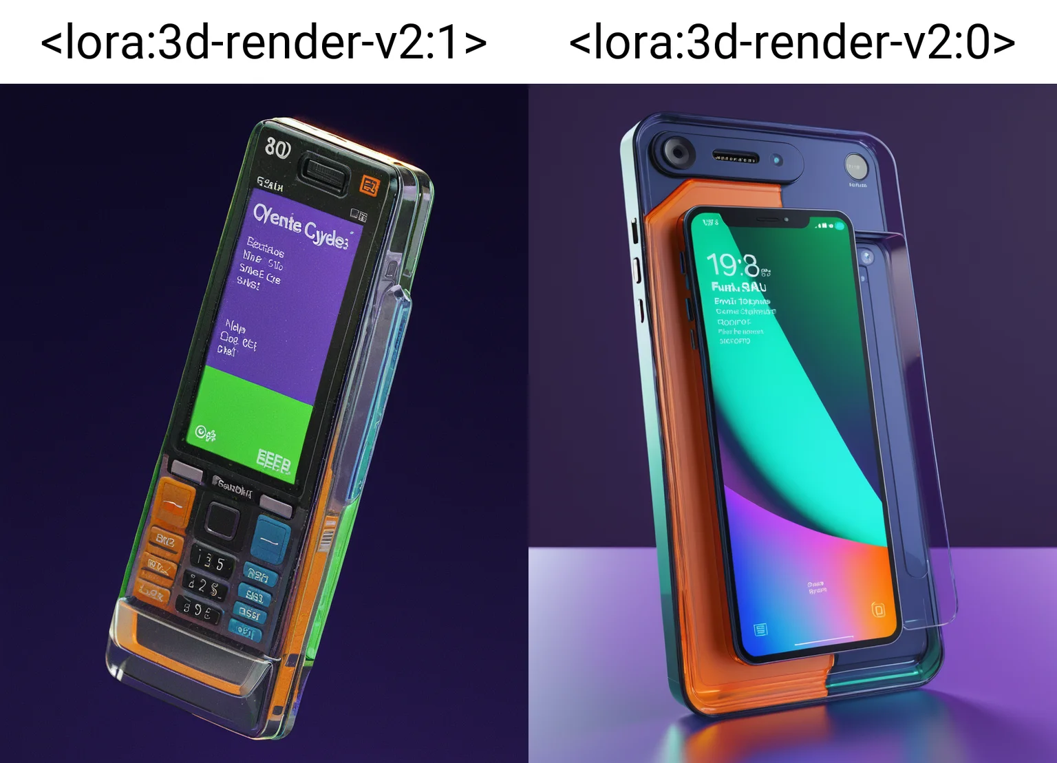 3d render, product render, 90s phone, tilted, transparent plastic, lcd screen, orange green blue, close up, hard surface modeling, cycles, dark purple background <lora:3d-render-v2:1>