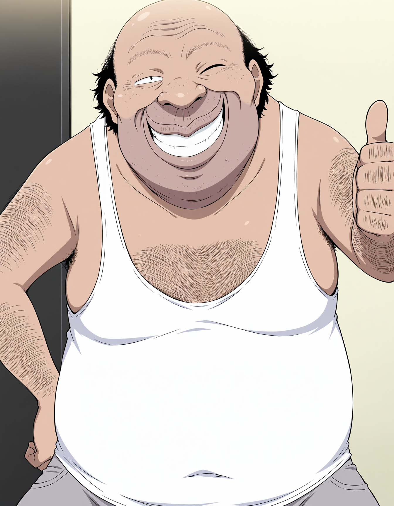 masterpiece, best quality,anime screencap, anime coloring,(4 fingers, 1 thumb:1.1),(solo boy,alone,soro focus:1.1),portrait,
<lora:Ossan-IL-Vol01:0.9>Ossan-IL-Vol01,1boy,fat man,old man,ugly man,hentai,ossan,stubble,facial hair,bald,beard stubble,big nose,dark-skinned male,arm hair,chest hair,hairy,(black hair:0.8),
(freckles:0.7),(sanpaku:0.8),white tank top,gray shorts,
thumbs up,grin,wink,