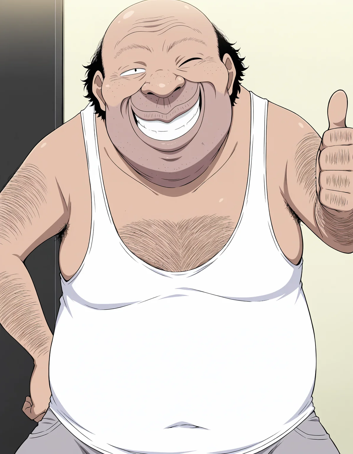 masterpiece, best quality,anime screencap, anime coloring,(4 fingers, 1 thumb:1.1),(solo boy,alone,soro focus:1.1),portrait,
<lora:Ossan-IL-Vol01:0.9>Ossan-IL-Vol01,1boy,fat man,old man,ugly man,hentai,ossan,stubble,facial hair,bald,beard stubble,big nose,dark-skinned male,arm hair,chest hair,hairy,(black hair:0.8),
(freckles:0.7),(sanpaku:0.8),white tank top,gray shorts,
thumbs up,grin,wink,