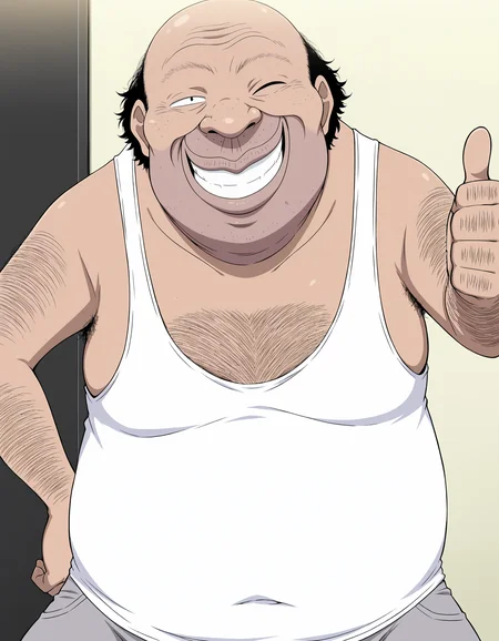masterpiece, best quality,anime screencap, anime coloring,(4 fingers, 1 thumb:1.1),(solo boy,alone,soro focus:1.1),portrait,
<lora:Ossan-IL-Vol01:0.9>Ossan-IL-Vol01,1boy,fat man,old man,ugly man,hentai,ossan,stubble,facial hair,bald,beard stubble,big nose,dark-skinned male,arm hair,chest hair,hairy,(black hair:0.8),
(freckles:0.7),(sanpaku:0.8),white tank top,gray shorts,
thumbs up,grin,wink,