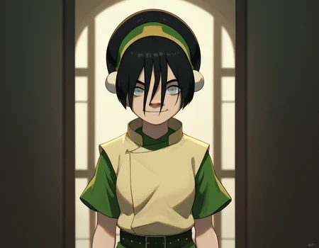 score_9, score_8_up, score_7_up, source_anime, <lora:toph-beifong-book2book3-ponyxl-lora-nochekaiser:1>, toph beifong, black hair, hairband, blind, grey eyes, hair between eyes, short hair,, shirt, green shirt, vest, belt, short sleeves,, indoors, smile, looking at viewer, solo,, cowboy shot, dutch angle