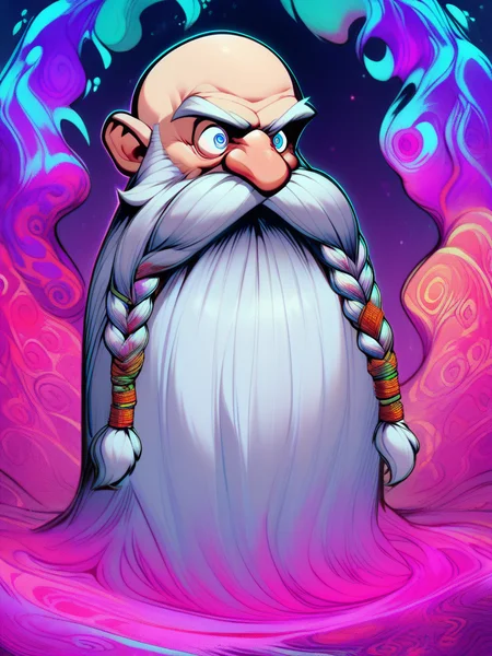 Psychedelic style , score_9, score_8_up, score_7_up, score_6_up, score_5_up, score_4_up, <lora:Harry_Dwarf_Pony_XL:1>,
Harry_Dwarf, bald, bangles, with long Silver beard and braided moustache, exciting, dynamic . Vibrant colors, swirling patterns, abstract forms, surreal, trippy