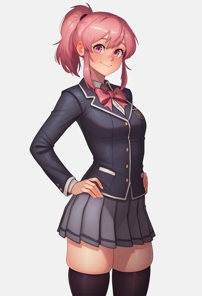 masterpiece, best quality,
<lora:Eltonel:1> 3lt0n3l, 1girl, solo,standing,looking at viewer, happy, closed mouth,pink hair, ponytail, pink eyes,school uniform, bow, long sleeves, skirt, skindentation, thighhighs,