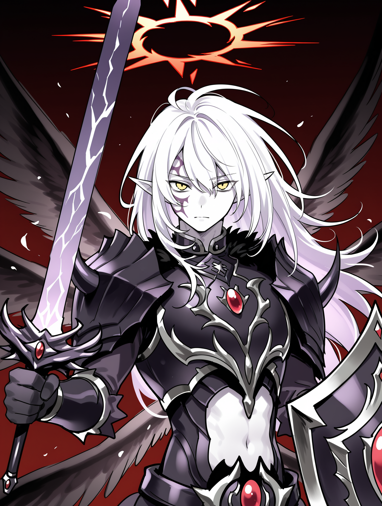 1boy,male focus,the first darklord,solo,,looking at viewer,,black shield,holding black shield,closed mouth,red halo,white skin,facial tattoo,navel,upper body,midriff,sketch,angel,black angel wings,black armor,black breastplate,black pauldrons,black vambraces,multiple wings,dark theme,holding purple sword
masterpiece,best quality,amazing quality,very aesthetic,absurdres,newest,<lora:The first DarkLord illusXL v1:0.77>,<lora:wai-2Rectified-V140:0.7>,