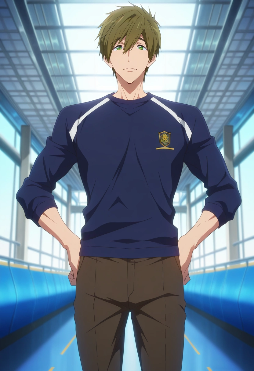 masterpiece, best quality, , anime screencap, anime coloring, , , 1boy, solo, male focus, <lora:makoto_tachibana_ilxl:0.9>, makoto_tachibana, brown hair, green eyes, hair between eyes, tachibana makoto, wide angle, wide shot, cowboy shot, highway, indoors, light, hands on hips, skin fang,
