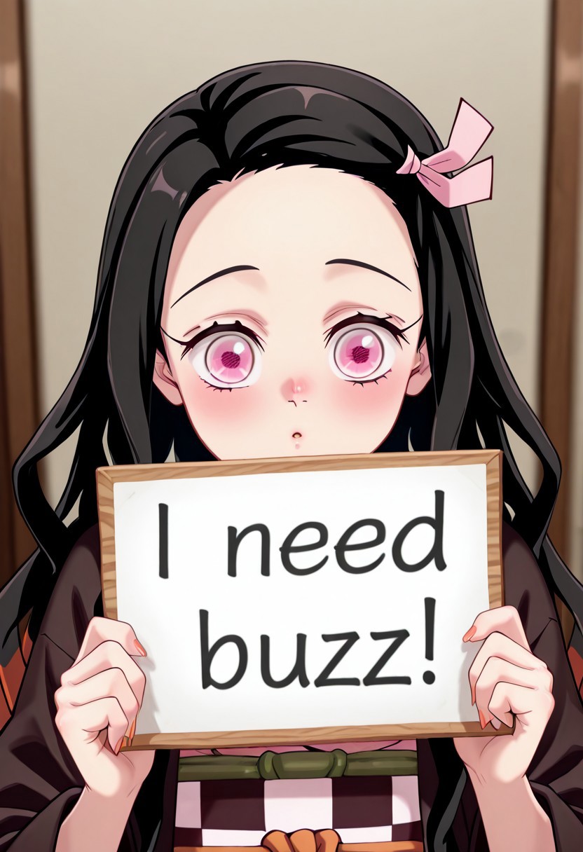 masterpiece, best quality, amazing quality, 8k,  face focus, face only, 1girl, need_buzz, holding sign, solo, Kamado_Nezuko
