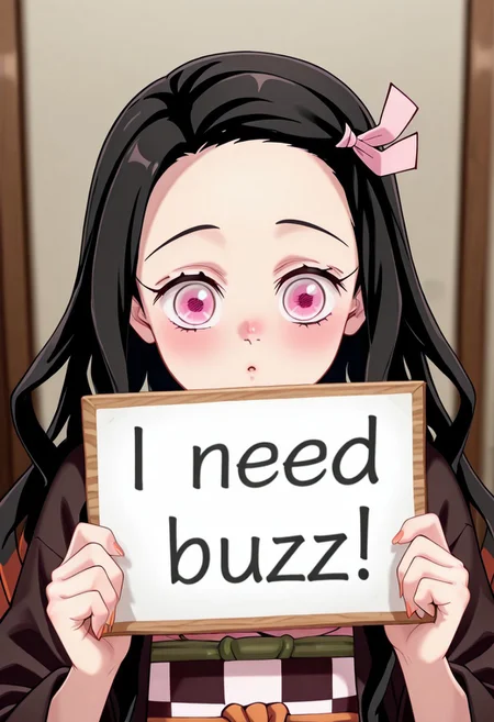 masterpiece, best quality, amazing quality, 8k, face focus, face only, 1girl, need_buzz, holding sign, solo, Kamado_Nezuko