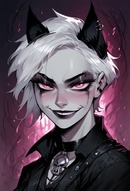score_9, score_8_up, score_7_up, BREAK, 1woman portrait, beautiful, dramatic lights (( seductive, seductive look, goth, goth girl, goth makeup, animal ears, pink eyes, white colored skin, white hair, short hair, happy, smug))
<lora:Fant5yP0ny:0.6> <lora:fantasy_world_pony:0.9>
<lora:Cherry-Gig:0.55>
