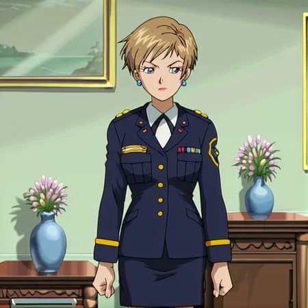 score_9, score_8_up, score_7_up, score_6_up, score_5_up, score_4_up, BREAK, <lora:Topazsonicx:1>, topazsonicx, 1girl, solo, skirt, long sleeves, jewelry, flower, earrings, uniform, military, military uniform, pencil skirt, retro artstyle, police, vase, brown hair, short hair, blue eyes, lipstick