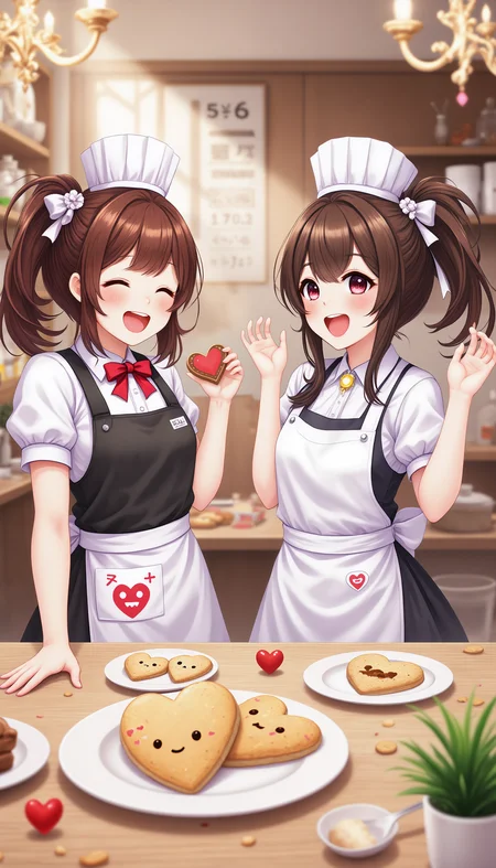 blissful valentine, A cozy anime-style bakery where cheerful waifus bake and decorate heart-shaped cookies, flour on their cheeks, laughter filling the air as they craft adorable treats.
