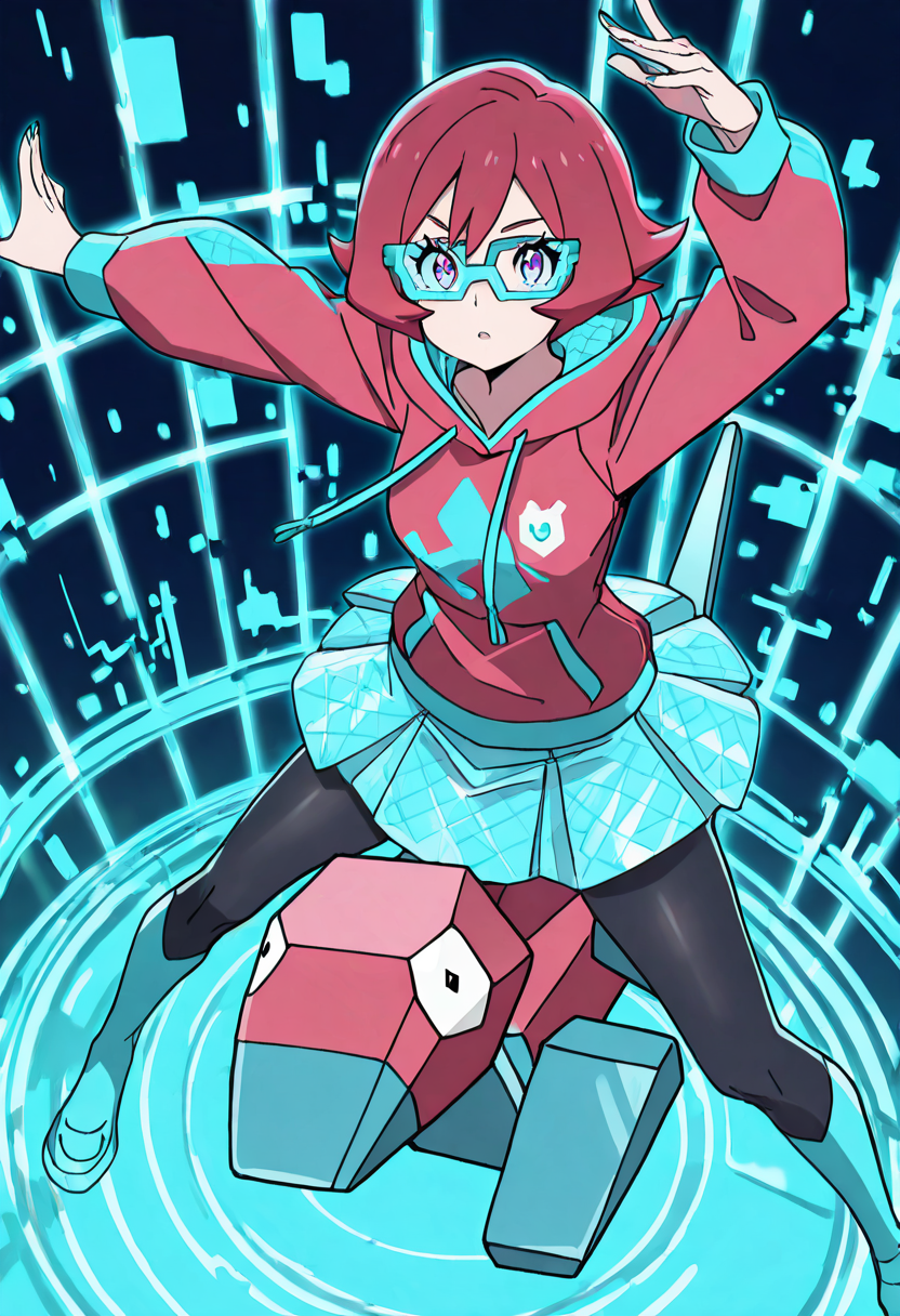 masterpiece, best quality, 1girl, solo, eyelashes, (beautiful eyes), dynamic pose, anime screencap,  zzPorygon, 1girl, solo, short angular hair with pink and blue panels, short hair, glitch hoodie, hexagonal skirt, reflective tights, datacore pendant, augmented glasses, floating mid-jump in a wireframe corridor.    ,<lora:PorygonPokedex_IXL:1.0>,