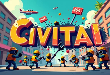score_9, score_8_up, score_8, score_9,
A group of whimsical robots wearing tool belts, hard hats, and safety goggles, attempting to fix a gigantic "CIVITAI" sign that has exploded into a burst of colorful pixels. Each robot is trying to piece together the letters of the word "CIVITAI" while one robot is holding a giant "404" wrench and another is juggling error messages.
In the background, a quirky robot supervisor with a clipboard is watching the chaos unfold.
The scene is set against a backdrop of a whimsical, futuristic cityscape with flying cars and neon signs that add to the overall sense of playful chaos and high-tech mishaps.