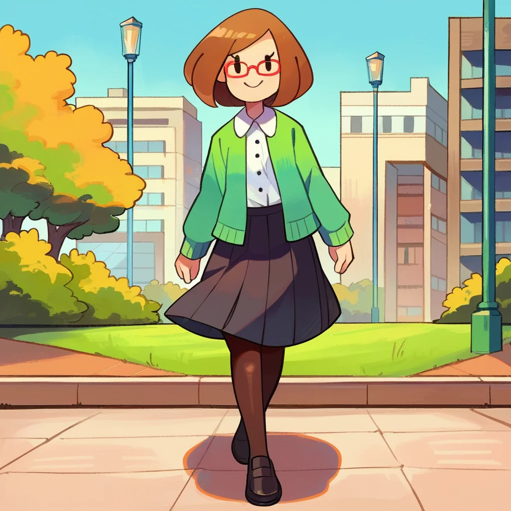 zPDXL, score_9_up, score_8_up, score_7_up, best quality, source_anime, blue background, park, detailed background, arms at sides, BREAK 1girl, solo, nikki_(/swapnote/), brown hair, dot eyes, red glasses, bob cut, white button shirt, green coat, long sleeves, skirt, pantyhose, black shoes, smile, walking, <lora:PDXL_Nikki_Swapnote:1>