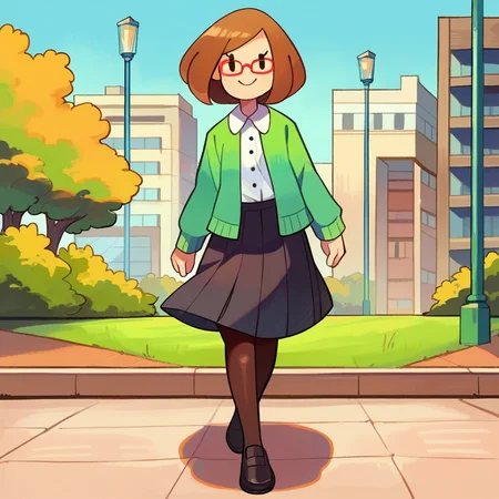 zPDXL, score_9_up, score_8_up, score_7_up, best quality, source_anime, blue background, park, detailed background, arms at sides, BREAK 1girl, solo, nikki_(/swapnote/), brown hair, dot eyes, red glasses, bob cut, white button shirt, green coat, long sleeves, skirt, pantyhose, black shoes, smile, walking, <lora:PDXL_Nikki_Swapnote:1>