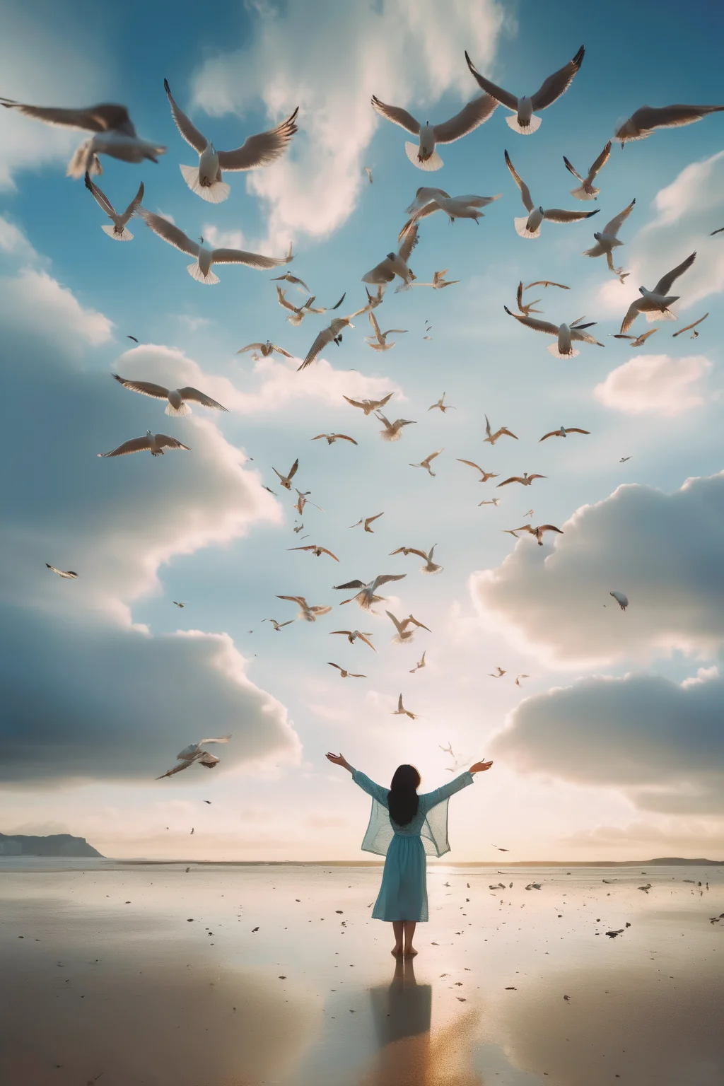 <lora:Elizabeth Gadd Style:1>Elizabeth Gadd Style - The central focus of the shot is a Chinese girl standing on the sandy beach under the blue sky and white clouds, with her arms outstretched towards the sea and the setting sun, accompanied by seagulls in the sky.