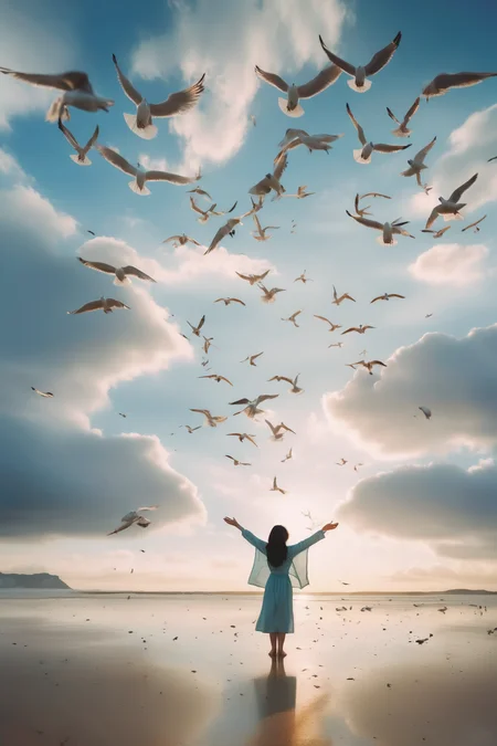 <lora:Elizabeth Gadd Style:1>Elizabeth Gadd Style - The central focus of the shot is a Chinese girl standing on the sandy beach under the blue sky and white clouds, with her arms outstretched towards the sea and the setting sun, accompanied by seagulls in the sky.