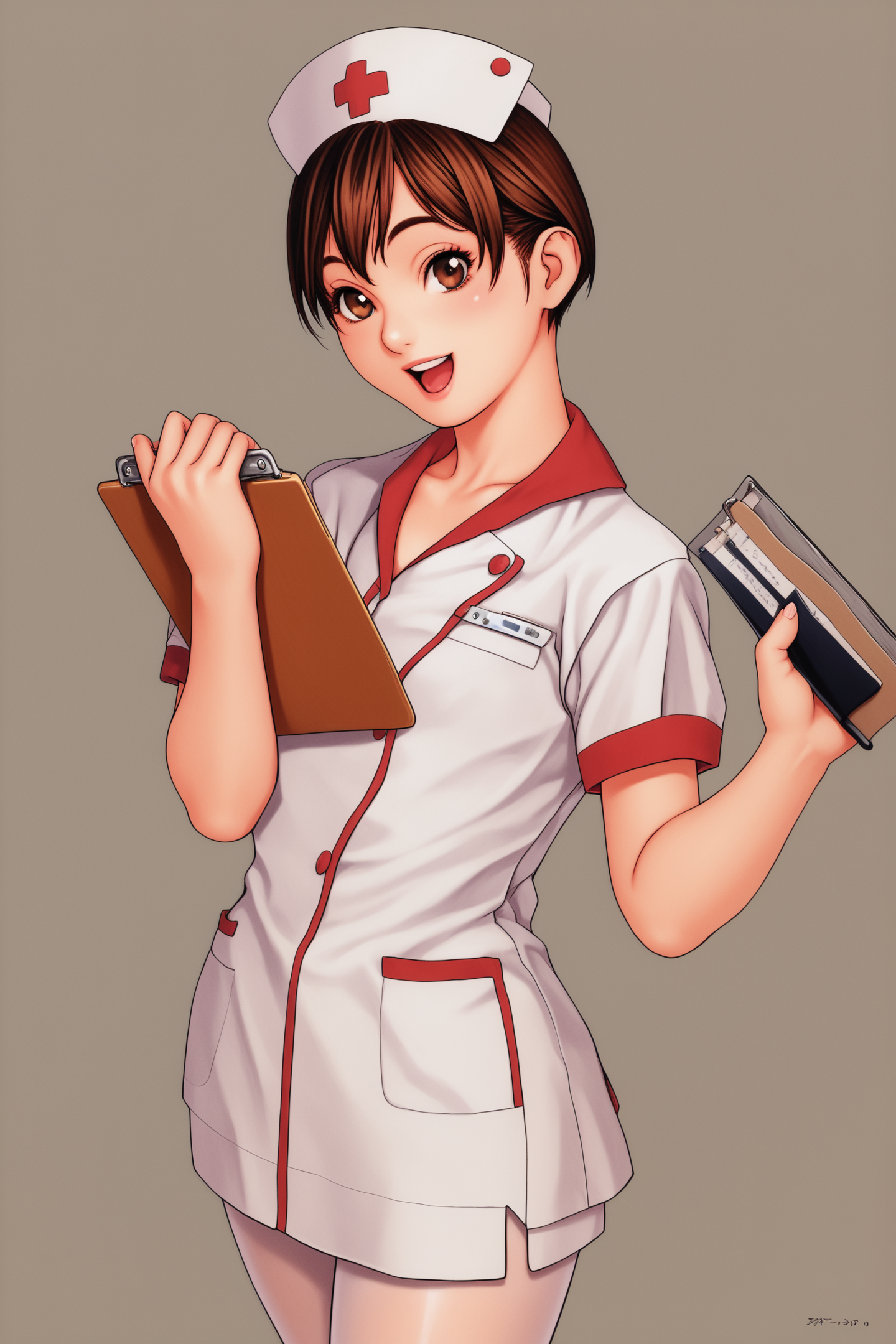 score_7up,
1girl,nurse,solo,clipboard,brown hair,hat,nurse cap,open mouth,pantyhose,holding,brown eyes,short hair,short sleeves,smile,looking at viewer,cowboy shot,holding clipboard,white pantyhose,
<lora:Tsukasa Jun_PONY_XL:1>,