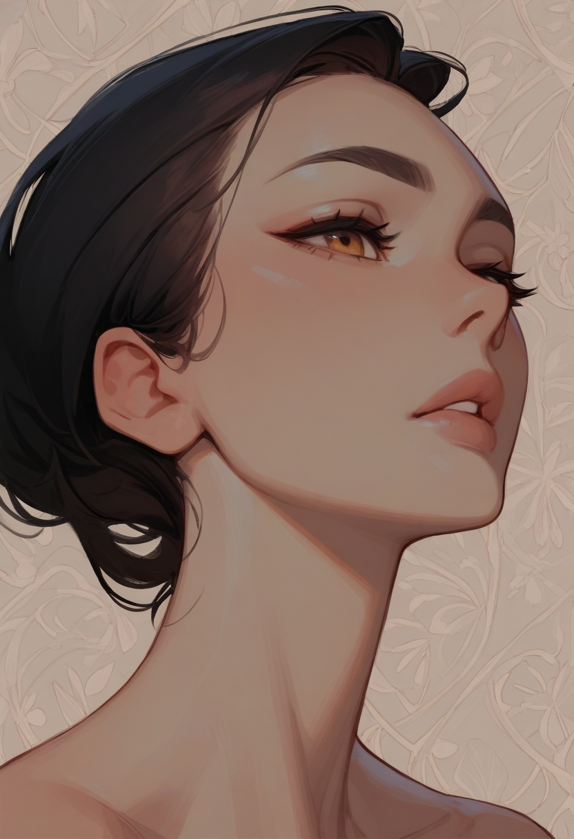 masterpiece, best quality, 1girl, solo, portrait, parted lips, patterned background, stylized