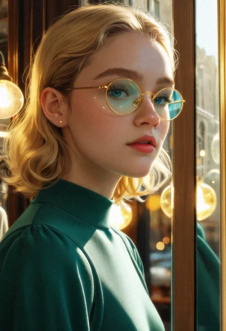 beautiful girl looking at her reflection in glass, reflection effect, girl standing in bookstore, outside the window is a New York street, view of a girl through glass, reflections of lamps in the window, big window, delicate feminine facial features, light golden hair, slightly curly hair, freckles, emerald dress, puff sleeves, shine eyelashes, short hair, beautiful blue eyes, round glasses, light eyelashes, reflection, highly detailed portrait, high quality, 34K uhd, masterpiece, high detail, 8k, intricate, detailed, high resolution, high res, high quality, photorealism, <lora:add-detail-xl:1.8>, highly detailed, Extremely high-resolution details, fine texture