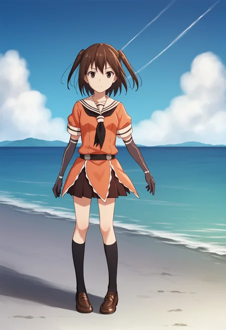 score_9, score_8_up, score_7_up, score_6_up, score_5_up, score_4_up, BREAK, source_anime,
1girl, sendai \(kancolle\), bangs, brown eyes, brown hair, two side up, short hair,
neckerchief, elbow gloves, loafers, pleated skirt, sailor collar, school uniform, serafuku, kneehighs, black socks, shoes,
full body, contrapposto, solo, looking at viewer, blue sky, water, sea background <lora:SendaiXL:1>