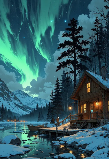 A breathtaking Arctic wilderness, where a frozen lake stretches into the distance, mirroring the dancing auroras in the sky. The air is crisp, filled with the soft sound of ice shifting beneath the surface. Towering, snow-dusted pine trees frame the scene, their branches glistening with frost under the moonlight. A cozy, timber-built lodge with steaming chimneys and glowing lanterns perches on the edge of the lake, inviting warmth in the heart of the icy expanse.
The sky above is alive with a spectacle of light, swirling emerald greens, electric blues, and hints of magenta and violet, cascading across the heavens. These colors reflect vividly on the ice-covered lake, creating a mesmerizing, otherworldly glow. The wooden dock, partially covered in snow, leads to several ice-locked rowboats, their weathered hulls softly dusted with frost.
Icicles hang from the eaves of the cabin, shimmering like delicate glass sculptures, while a faint, golden glow from a distant village flickers on the horizon. Snowflakes gently fall, illuminated by the aurora's glow, adding to the sense of quiet wonder and untouched beauty. A feeling of peace, solitude, and awe fills the air, as if time itself has slowed in this magical Arctic retreat.
Anime art, VibrantlySharp style.