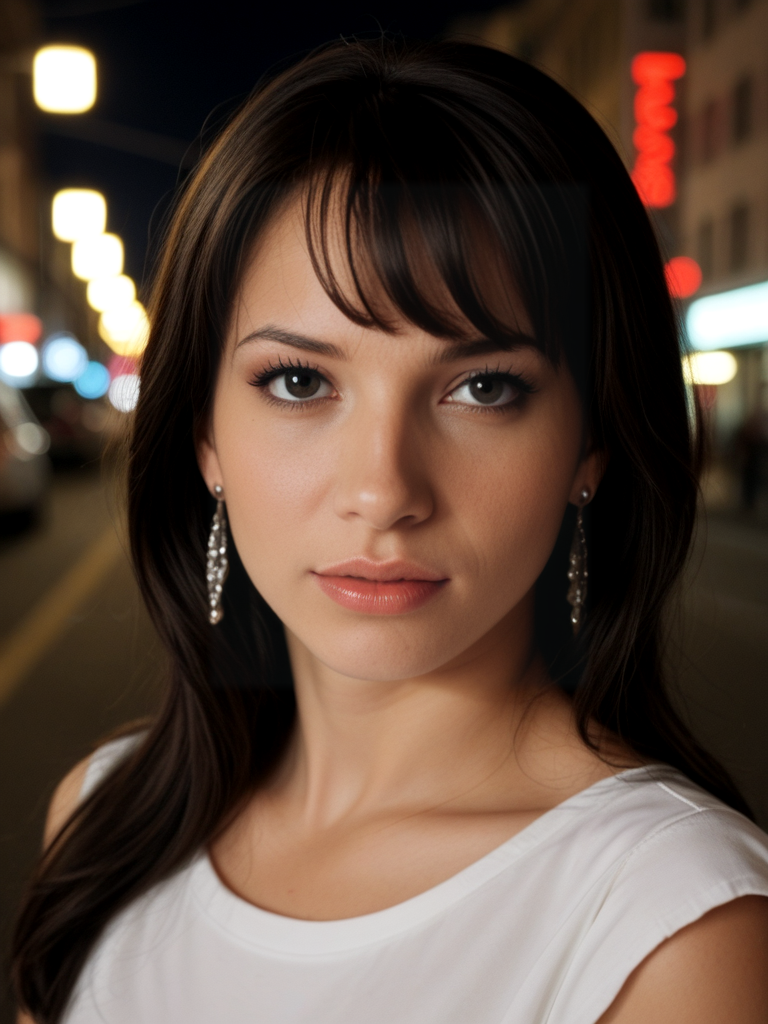 face focused, nighttime photography, neon lights, reflective streets, movie still, ultra detailed, portrait, BREAK
SabrinaK4mo3i, Sabrina Kamoei, <lora:SabrinaK4mo3i-pony:1>, 
1girl, solo, portrait, makeup, lips, dark hair, bangs, vintage aesthetic, shirt, solo, looking at viewer, bokeh, focus, film, velvia, film grain, best quality, photograph, focus, earring, city streets