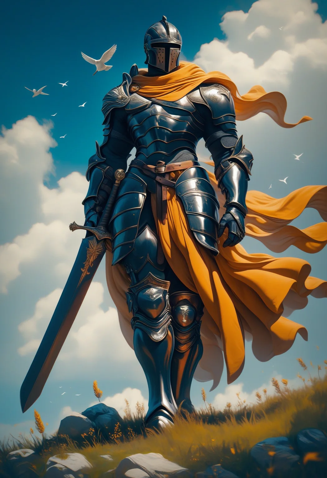 score_9, score_8_up, score_7_up, score_6_up, score_5_up, score_4_up,
<lora:ArmorSentinelV2:1>, arm0rs3nt1n3l,
solo, 1boy, spartan, black armor, black color armor, holding, standing, full body, male focus, weapon, outdoors, armored boots, sky, day, belt, cloud, sword, holding weapon, cape, armor, blue sky, bird, holding sword, grass, cloudy sky, helmet, shoulder armor, 1other, wind, facing viewer, gauntlets, sheath, walking, pauldrons, rock, sheathed, breastplate, armored boots, greaves, planted, faulds, knight, full armor, ambiguous gender, planted sword, covered face, hand on hilt, helm, orange cape