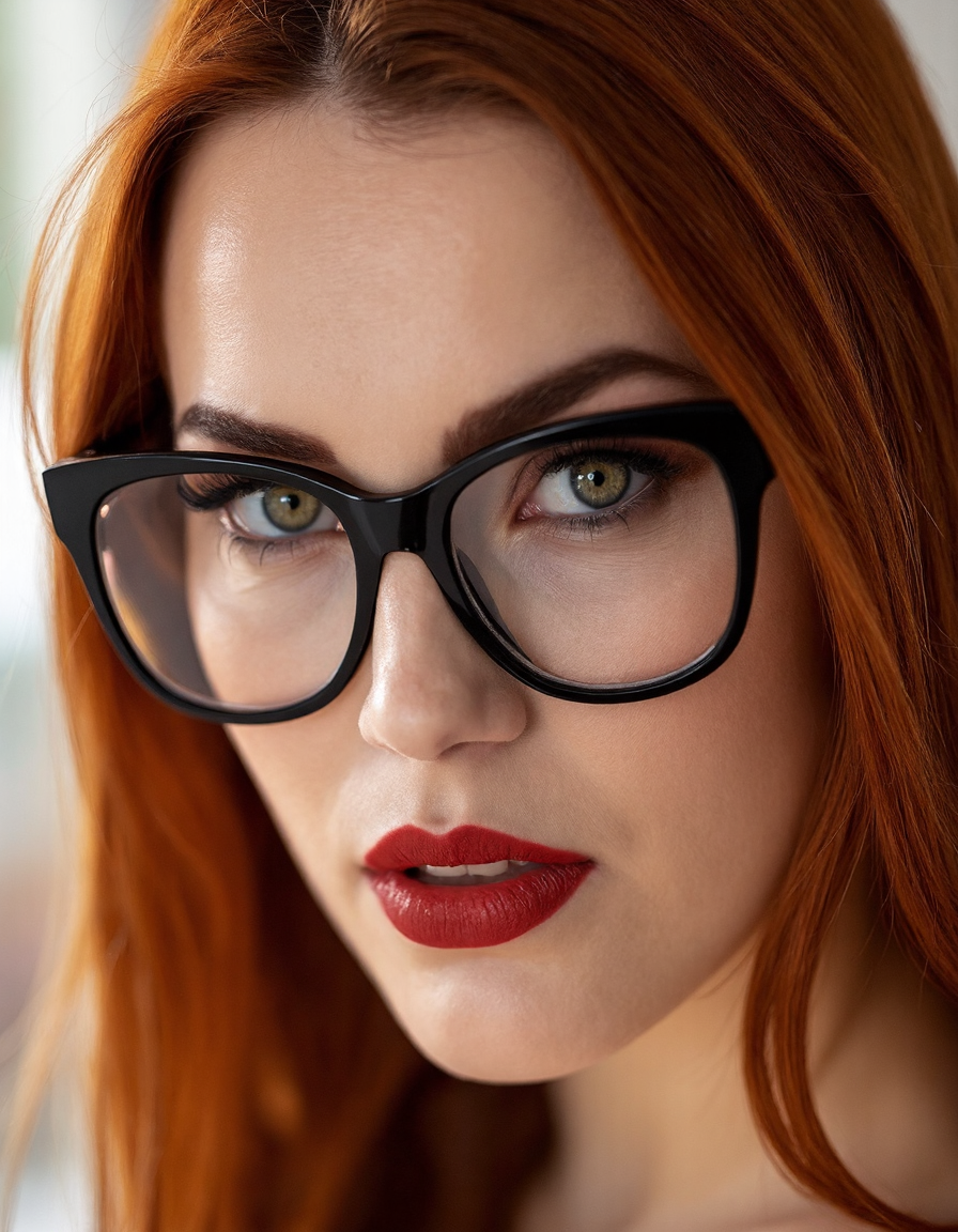 A striking portrait of a fierce woman with piercing eyes and bold, direct eye contact. She wears natural-looking brick-red lipstick and large, avant-garde glasses. The composition embodies a high-fashion editorial aesthetic, blending ethereal beauty with dramatic shadows and luxurious fashion details. The zoomed-out perspective places the subject in 30% of the frame, leaving ample negative space around her head for a modern, minimalist feel. The subtle 3D effect enhances the visual depth, creating a captivating and dynamic image.