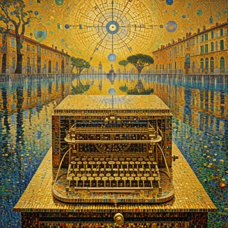 Enigma machine, radar, style of Manet, reflection, floating, molecular, cosmic map, very vivid, lucid, lucidity, extremely pointillistic, radar, cascading streams of gold, stream of water in the middle, depth, extremely detailed, intricate, woven, reflection, extremely colorful, perfect, perfection, pointillism, extremely pointillistic, Paul Signac Style, AH_Signac