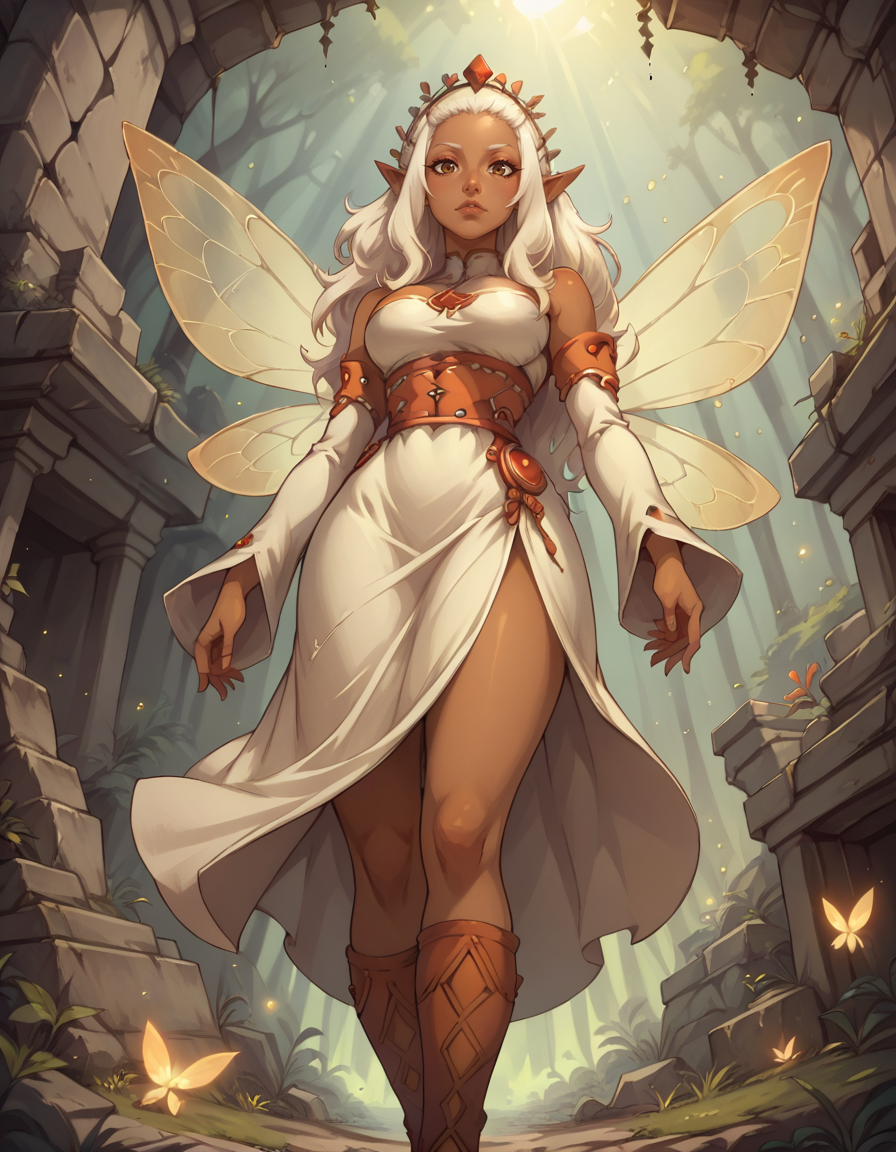 score_9, score_8_up, score_7_up,score_6_up, score_5_up, score_4_up ,1girl, solo,
large breasts,
EniripsaDG,
brown eyes, pointy ears, dark-skinned female, white hair, long hair, 
fairy wings, fairy, detached sleeves, hair ornament, tube top, toeless legwear, dress,
light particles, forest, ruins, 
looking at viewer, 
from below,
 <lora:EniripsaDG PonyXL v01:0.90>