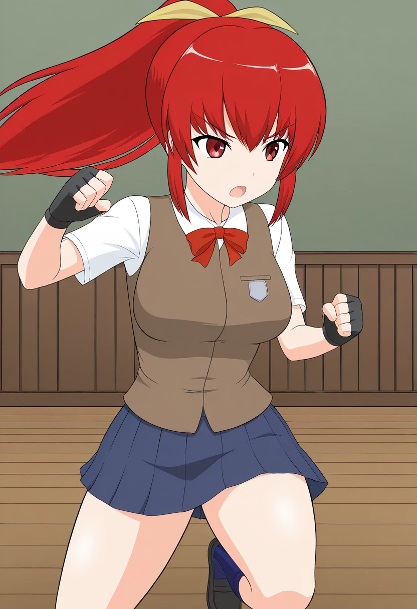 1girl, solo, satsukirindorival, red hair, ponytail, hair ribbon, red eyes, shirt, short sleeves, vest, breasts, skirt, fingerless gloves, blue socks, shoes, school uniform, indoors, fighting stance, open mouth, standing,