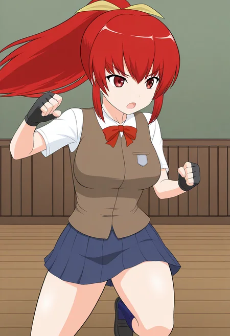 1girl, solo, satsukirindorival, red hair, ponytail, hair ribbon, red eyes, shirt, short sleeves, vest, breasts, skirt, fingerless gloves, blue socks, shoes, school uniform, indoors, fighting stance, open mouth, standing,