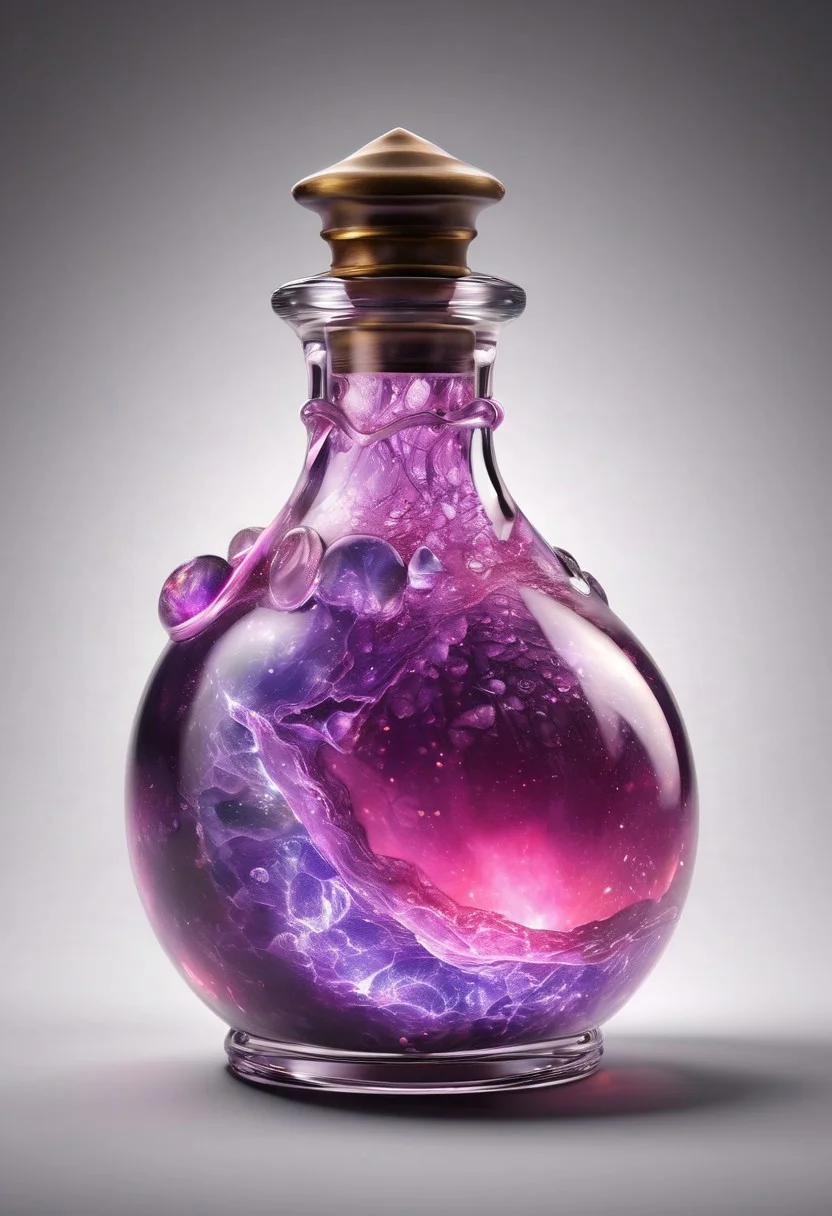 Score_9, Score_8, high_def, highest quality, 4k, best quality, masterpiece, focused, defined, Photorealistic magic potion, intricate glass bottle, elixir, vibrant pink and prrple colors, ethereal light, wax seal, flashy lights, magic lights, luminous, dynamic reflections, magical aura, highly detailed, fantasy essence, glowing particles, radiant aura, made of sparkling amethyst crystals