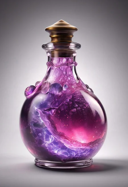 Score_9, Score_8, high_def, highest quality, 4k, best quality, masterpiece, focused, defined, Photorealistic magic potion, intricate glass bottle, elixir, vibrant pink and prrple colors, ethereal light, wax seal, flashy lights, magic lights, luminous, dynamic reflections, magical aura, highly detailed, fantasy essence, glowing particles, radiant aura, made of sparkling amethyst crystals