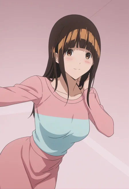 score_9, score_8_up, score_7_up,  BREAK, 1girl,  anime screencap ,   <lora:DX888Miho:1> azuki miho, brown hair, brown eyes, long hair, blunt bangs, 
light smile, blush,  pastel background,  lilac  background
