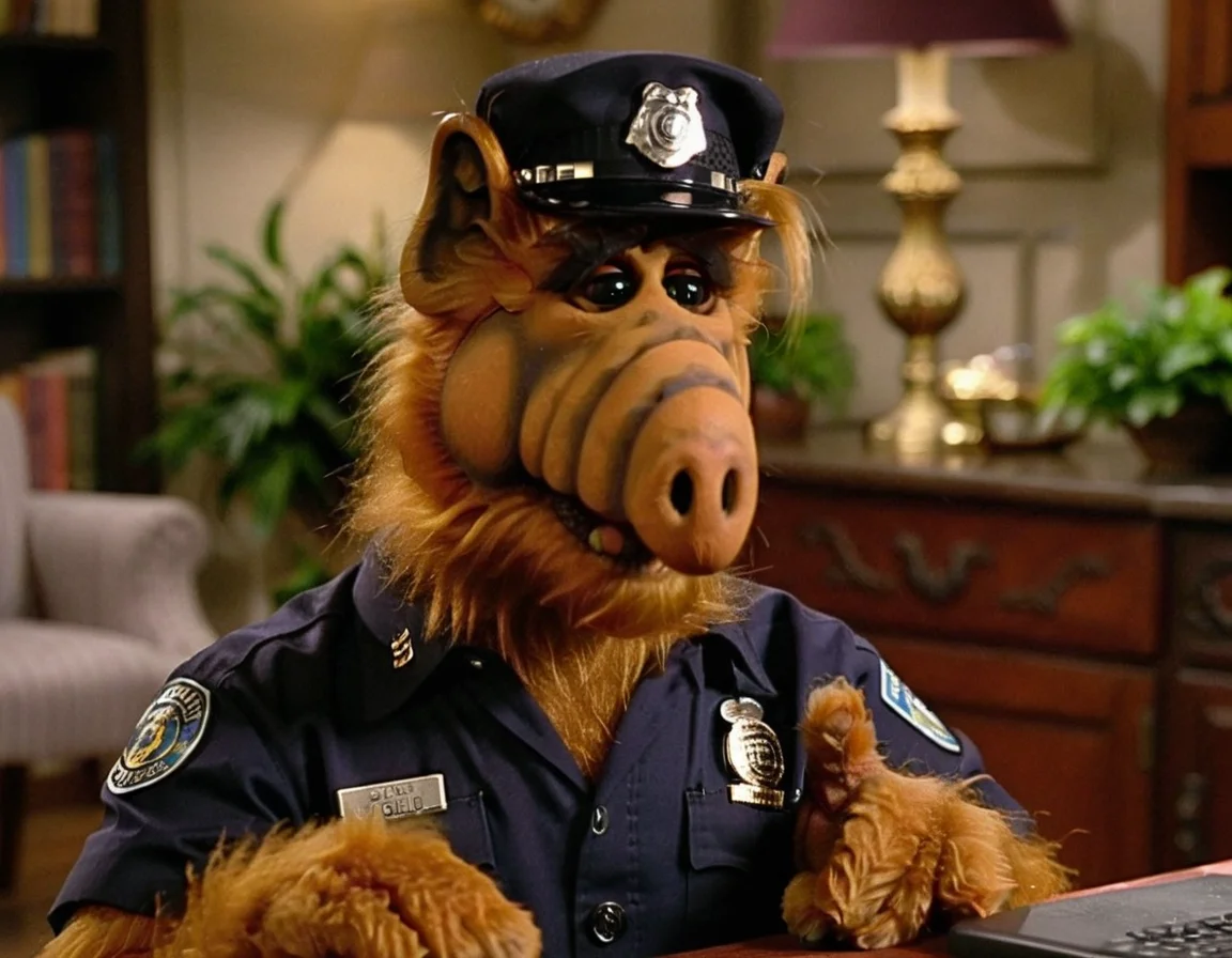 <lora:Alf SDXL LoRA - Trigger w Alf Person:1> Alf person joins the police force after carjacking a car that was modified to look like a cat.